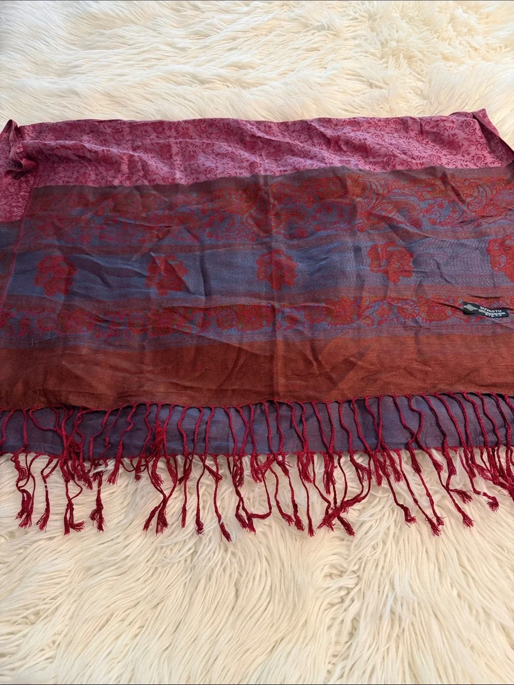 100% Cashmere Woven Floral Pattern Fringe Scarf in Burgundy and Blue BNWOT